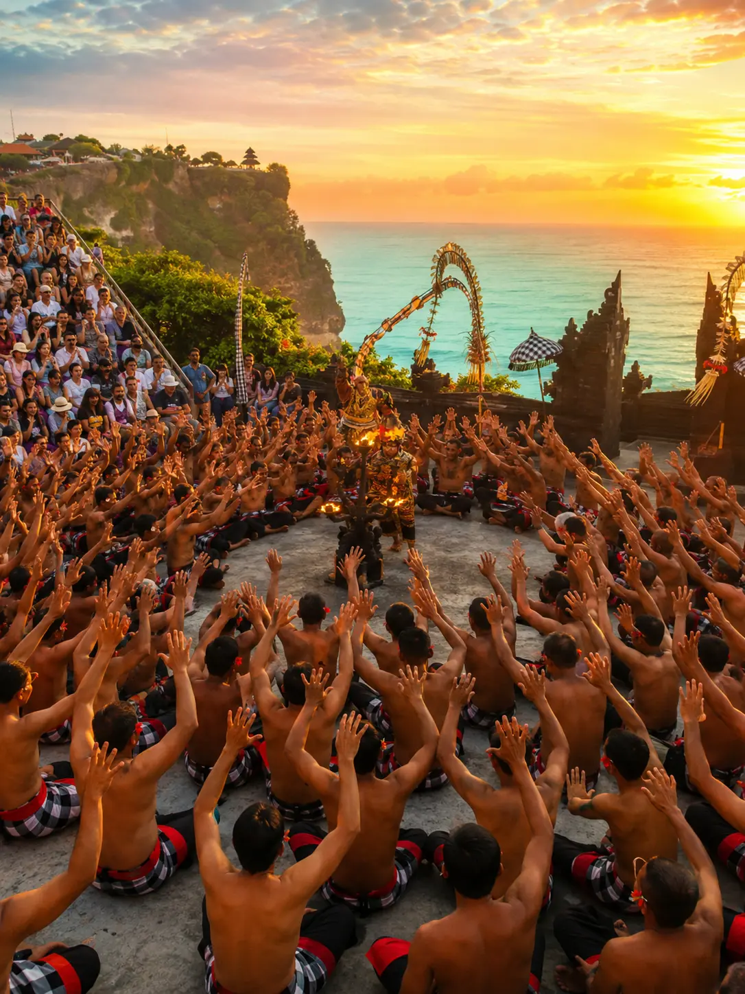 金色日落中的 Kecak 舞蹈